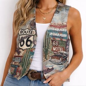 Vintage Route 66 Tapestry Vest Americana Western Desert Road Trip Motel Large